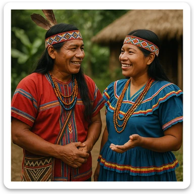 Two indigenous people from Costa Rica, a man and a woman, chatting together with details of culture and traditional Costa Rican clothing. sticker