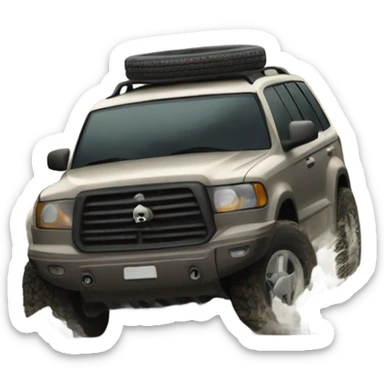 An SUV facing a road full of mud and rocks, with big tires and mud splashing around, showing resistance and adaptability. sticker