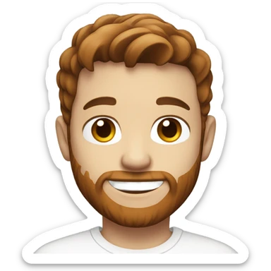 smiling boy in white shirt with brown hair and brown/red beard and white skin sticker