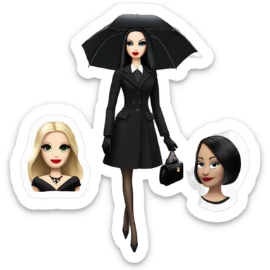 Parisienne Pretty Barbie,Morticia Addams at a rainy funeral holding umbrella, funeral mask,gloves, small purse  sticker