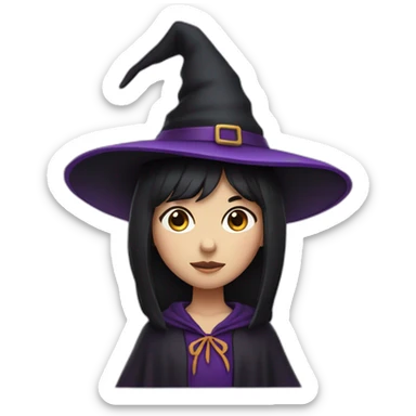 a young white-brown thin girl with straight black hair dressed as a witch with purple hat sticker