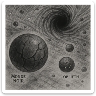 hand drawn map of dark back ward -“A dark cosmic region orbiting a massive black hole. No sunlight. A dead solar system with twisted planets and moons circling in silence. Monde Noir looms in the foreground — a cracked, obsidian planet with no atmosphere. Its moon, Oblieth, floats nearby, scarred and pitted, with faint green lights glowing from within cave openings. Stars are distorted and streaked by gravitational lensing. The entire scene is heavy, quiet, and surreal.” sticker