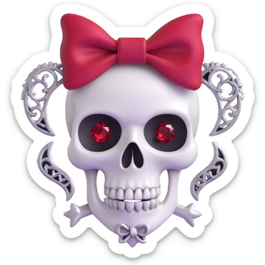 3D emoji gothic bow, black velvet, silver skull charm, deep red gemstone, ornate and dark sticker