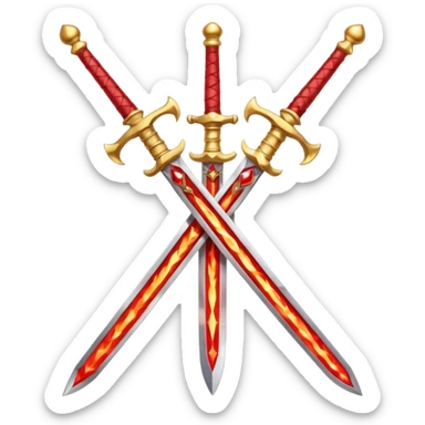Two crossed swords that are golden in blade and handle and have fiery and royal appearence to them as well as red gem stones sticker