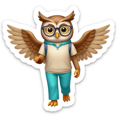 friendly anthropomorphised owl with wings instead of arms, colourful pants and shirt, wearing glasses, walking upright, unique pose 2 sticker