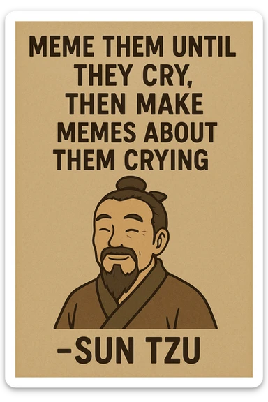 "Meme them until they cry, then make memes about them crying" -Sun Tzu 

as an inspirational poster, minimalism, semiotic signage, graphics for limited visibility signage sticker