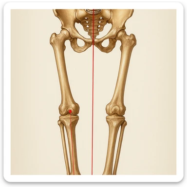 Hyperrealistic anatomical illustration 4K, rear view, 1:1 proportion, normal knee seen from the front, pelvis bones, femur, tibia, and fibula clearly highlighted, red mechanical axis line, realistic details, medical style, neutral background. sticker