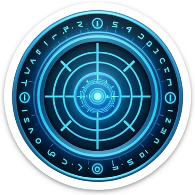 A circular blue holographic interface made of concentric rings, glowing tick marks, and data arcs, with the text “J.A.R.V.I.S.” centered, resembling a futuristic digital HUD floating in space. sticker