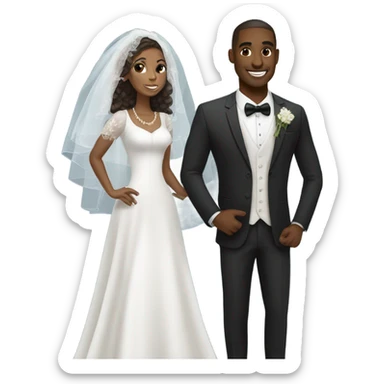African-American groom with goat tee and white brunette wife sticker