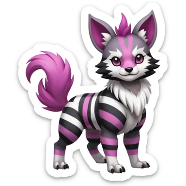 Black and white-striped Colorful Skilled Adept Graceful Asian Painted WereGarurumon-Meloetta-Obstagoon-Furret-fusion-hybrid-creature (full body) with a magenta accent, tufted ears sticker