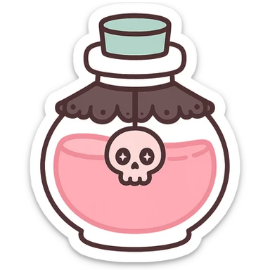 a pink potion bottle with gothic decorations, black lace, and a skull motif sticker