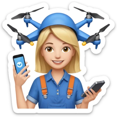 smiling woman in overalls holding a phone with a drone hovering behind her, emoji style sticker