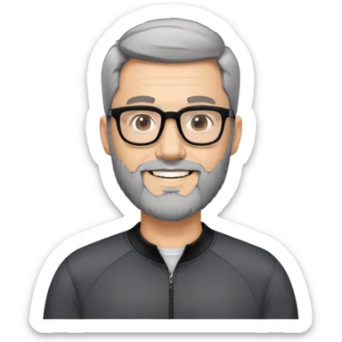 Light-skinned man with short black hair styled upwards, full short graying beard, smiling, wearing large black-framed glasses and a black long-sleeve sports shirt with zip at the neck sticker