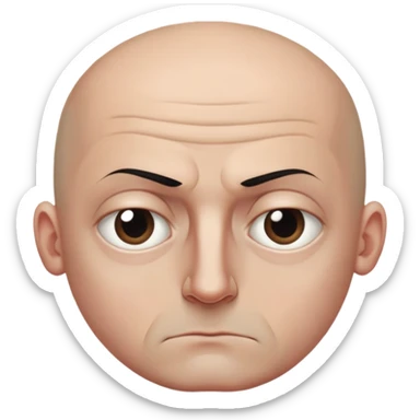 Steven Miller, bald, intense scowl, very narrow rectangular head, bottom lip sticking out, eyelids nearly shut and drooping on the outer sides, extremely dark areas around eyes sticker