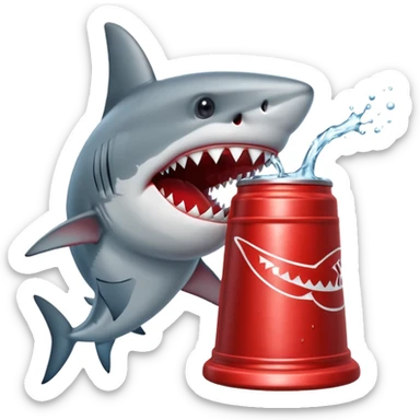 Shark drinking from his huge Red Stanley cup sticker
