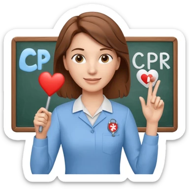 Happy Teacher, female, brown hair up, holding a pointer to a white board with a CPR logo. sticker