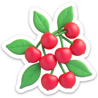 A branch with five cherries and green leaves, transparent background. iOS 3D style with soft shapes, smooth shadows, plasticine 3D effect, and bright colors. sticker