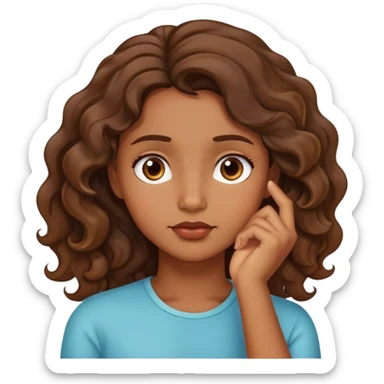 emoji de menina morena com cabelo ondulado com a mão no queixo pensando sticker