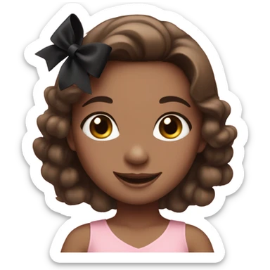 Girl wearing a pink dress with black bows and brunette hair smiling, blush sticker