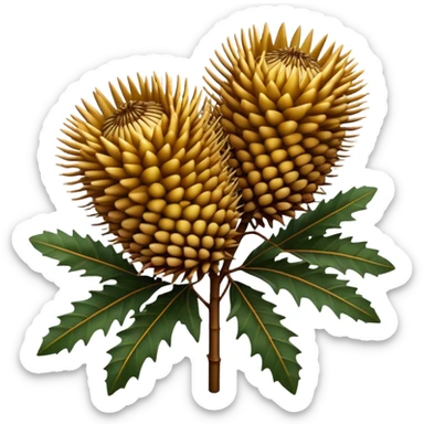 Cinematic Realistic Banksia Emoji, Bold and striking, with spiky, cylindrical flower heads covered in rich golden hues. The leaves are thick and leathery, adding a sense of strength to this unique and iconic tree. Soft glowing outline, capturing the essence of Australian ruggedness and floral beauty in a distinctive banksia tree! sticker