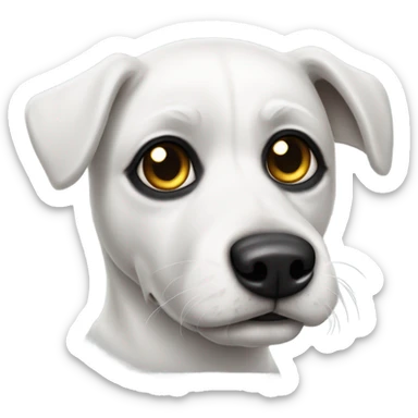 White dog with black eye patch and black ear sticker