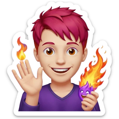 Make a red hair boy, his hand has purple fire and only one eye and laughing sticker