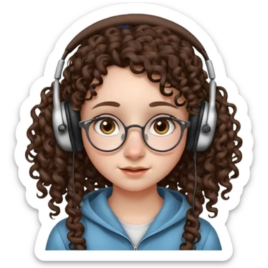 brunette kid with unique face features and very curly long hair kid girl neutral and very big nose and ears and dark eyes with freckles kind of nerd looking and headphone wearing no glassess just nose piercing very big one sticker