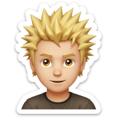 A spiky-haired golden blonde emoji young adult face with a mischievous knowing grin, one raised eyebrow, and a tiny electric spark near the hair — indie game character style on a warm amber background. sticker
