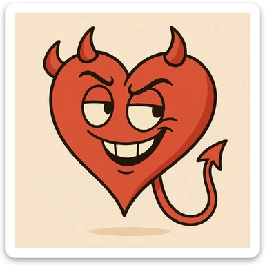 cartoon heart with devil horns and tail, bright red, playful expression sticker
