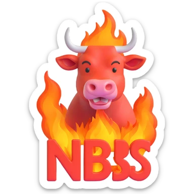 bold text 'NBS' in front of a strong 3D bull, both outlined in fire, designed as a Discord emoji sticker