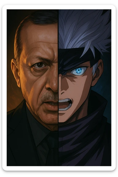 Half Recep Tayyip Erdoğan half Gojo Satoru face showing transformation, anime style, dramatic lighting sticker