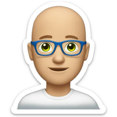 bald guy wearing glasses with a blue frame, green eyes sticker