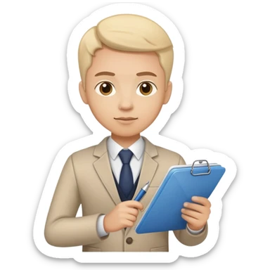 A person holding a checklist and pen is wearing smart casual clothing. The character is in a focused pose sticker