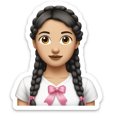 A white girl wearing white T-shirt with two tall braids and (bangs) with pink ribbon bow on each braid looking forward..black hair and brown eyes small nose and pink lips sticker