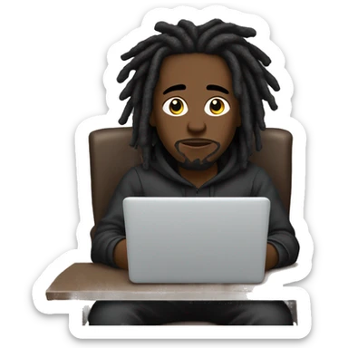 Black-guy-with-dreads-wearing-black-trackstuit-sitting-down-on-chair facing-foward-focused-on-laptop-computer- sticker