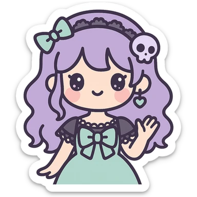 dreamy pastel goth K-pop girl, soft lavender and mint colors, gothic lace, whimsical pose, adorable accessories sticker