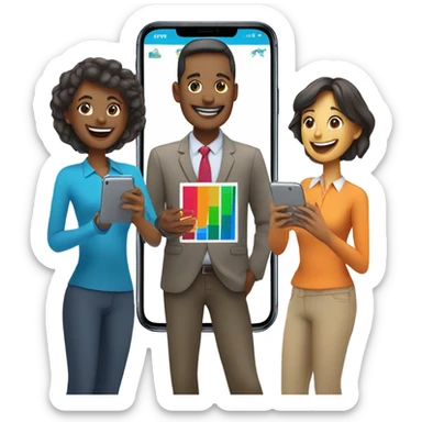 group with three happy person with a smartphone showing charts sticker