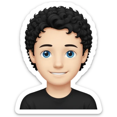 boy, young face like 20 years, blue eyes, medium curly hair black, easy smile, black t-shirt sticker