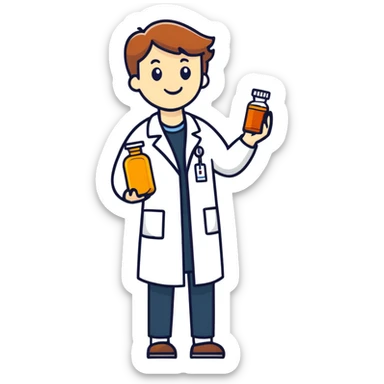Pharmacist holding an amber pill bottle sticker