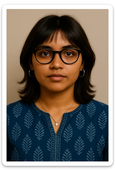 Keep the face and hair the same as the reference photo. Use realistic skin tone matching the reference. Add slight fringes on the top to slightly cover the forehead. Make the background soft beige. Change outfit to an indigo, handprinted kurti. Add bigger silver hoop earrings and a simple silver pendant around her neck. Keep the same confident look and black bowline spectacles. sticker