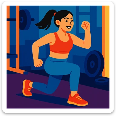 Asian woman doing a routine workout, energetic, fitness attire, gym background sticker