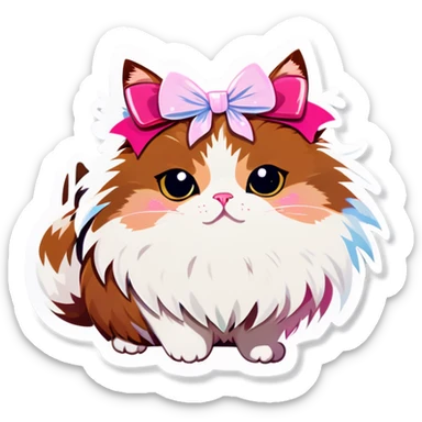 Brown and white fluffy cat with pink bow  sticker