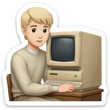 Young man sitting at a very old desktop computer from the 1990s with CRT monitor and beige tower sticker