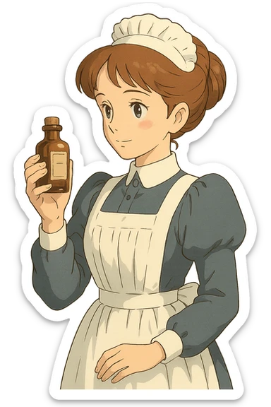 victorian nurse holding a medicine bottle sticker