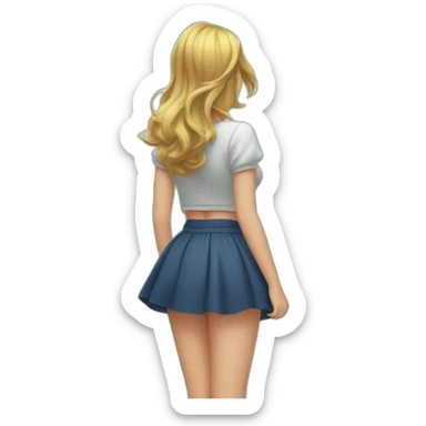 full body back view curvy caucasian beauty in small skirt lifted by the wind butt white socks sticker