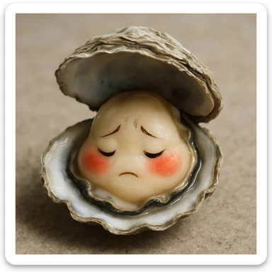 A cute oyster with a shy expression, very red cheeks, looking down, in photorealistic style. sticker