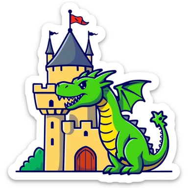 Fierce dragon guarding a castle tower sticker
