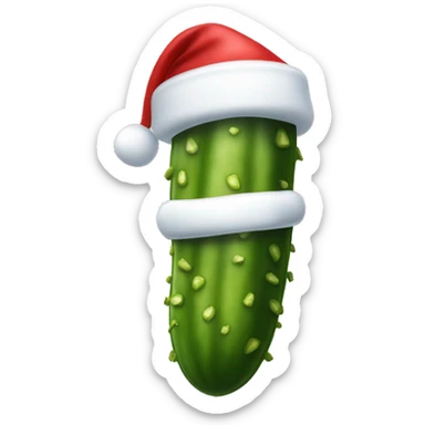 A big Christmas dill pickle wearing a Santa hat sticker