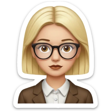 Chanel Oberlin, blonde hair, brown eyes, glasses, acne, dark eyebrows, apple emoji style sticker
