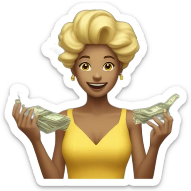 a girl in a yellow dress tosses money up in the air sticker